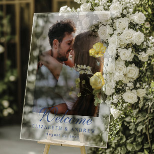 Photo Dusty Blue Crest Floral Wedding Acrylic Sign