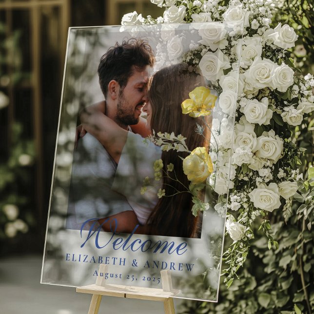 Photo Dusty Blue Crest Floral Wedding Acrylic Sign (Creator Uploaded)