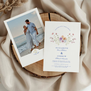 Photo Dusty Blue Crest Floral Wedding Invitation