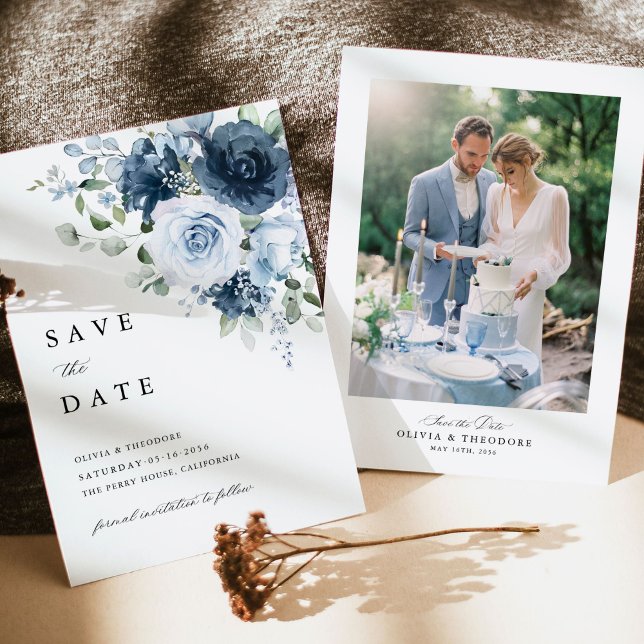 Photo Dusty Blue Navy Floral Wedding Save The Date (Photo save the date card in dusty blue navy theme with elegant frame layout in warm outdoor light)