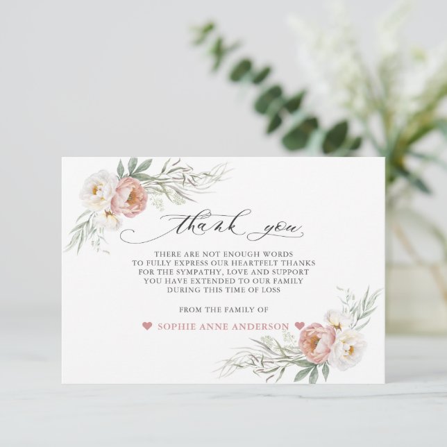 Photo Dusty Rose White Flowers In Loving Memory  Thank You Card (Standing Front)