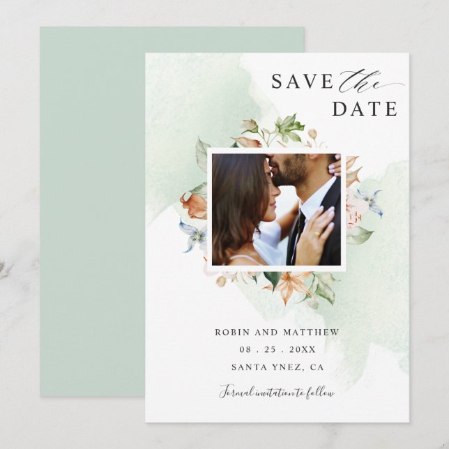 Photo Earthy Blooms and Green Floral Wedding Save The Date (Front/Back)