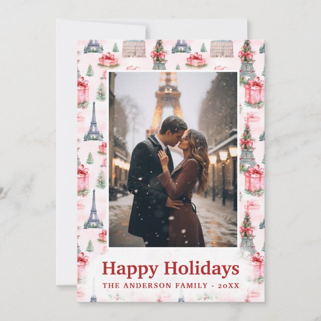 Photo Eiffel Tower Chic Paris Pink Christmas Holiday Card (Front)