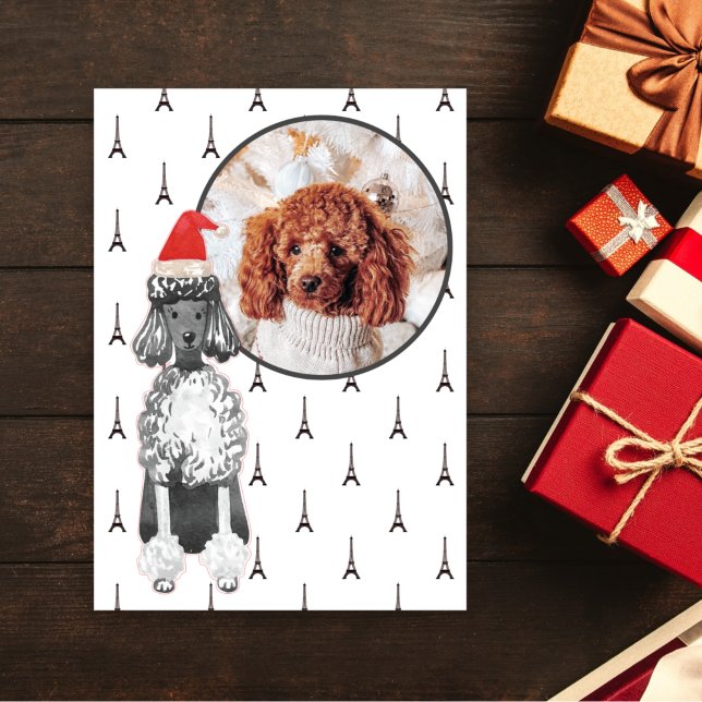 Photo Eiffel Tower, Paris Poodle Pet Dog Christmas Holiday Card (Creator Uploaded)