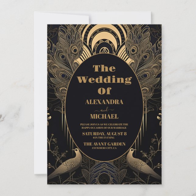 Photo Elegant Art Deco Peacocks Wedding Invitation (Front)