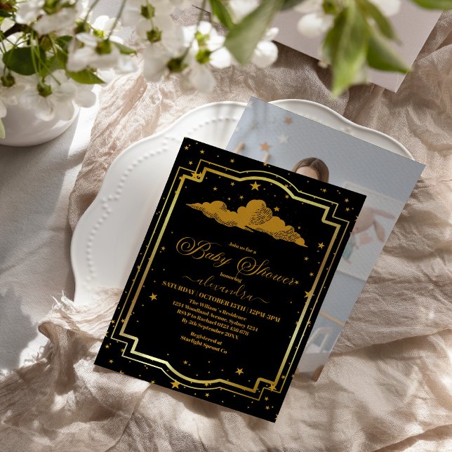 Photo Elegant Black Gold Celestial Baby Shower Invitation (Creator Uploaded)