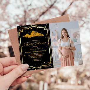 Photo Elegant Black Gold Celestial Baby Shower Invitation