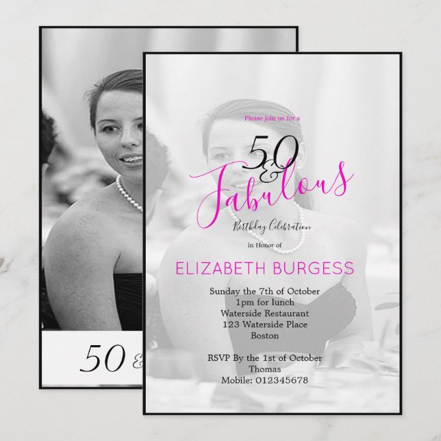 Photo Elegant Black  White Pink 50 and Fabulous Invitation (Front/Back)