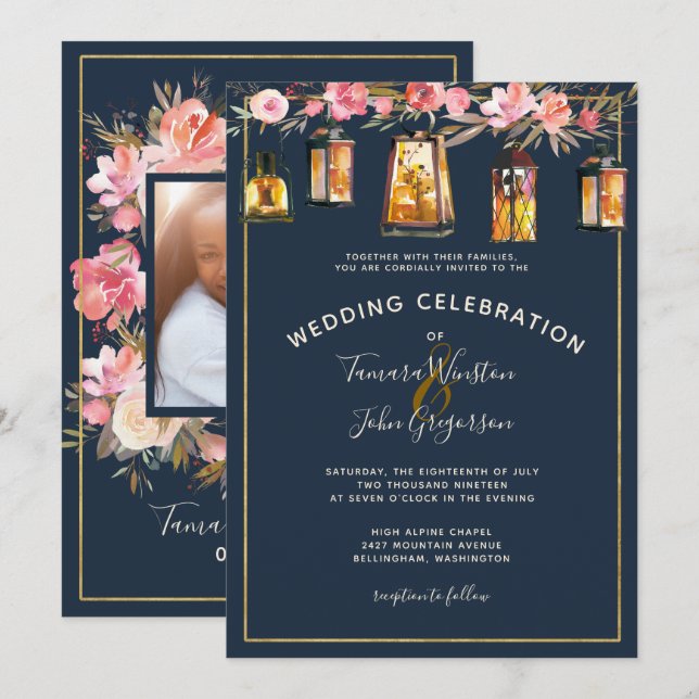 Photo Elegant Blue Coral Floral Lights Wedding Invitation (Front/Back)