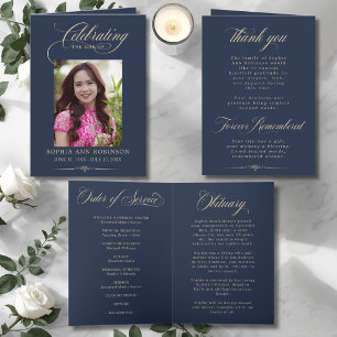 Photo Elegant Blue Gold Funeral Keepsake Program Card
