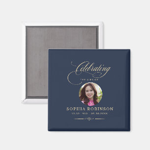 Photo Elegant Blue Gold Script Funeral Memorial Magnet