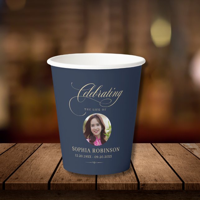 Photo Elegant Blue Gold Script Funeral Memorial  Paper Cups (Creator Uploaded)