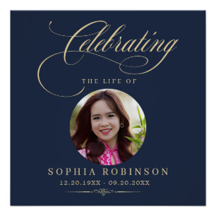 Photo Elegant Blue Gold Script Funeral Memorial  Poster
