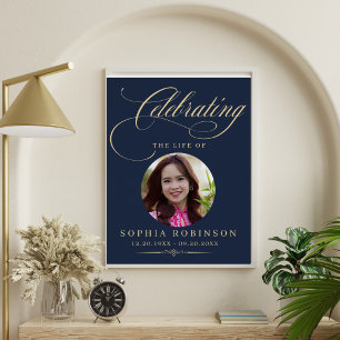 Photo Elegant Blue Gold Script Funeral Memorial Poster