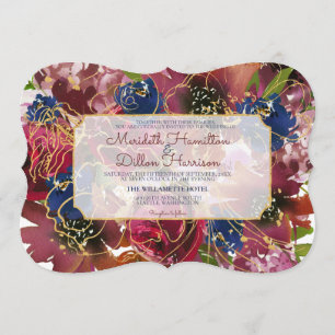Photo Elegant Burgundy Blue Gold Floral Wedding Invitation