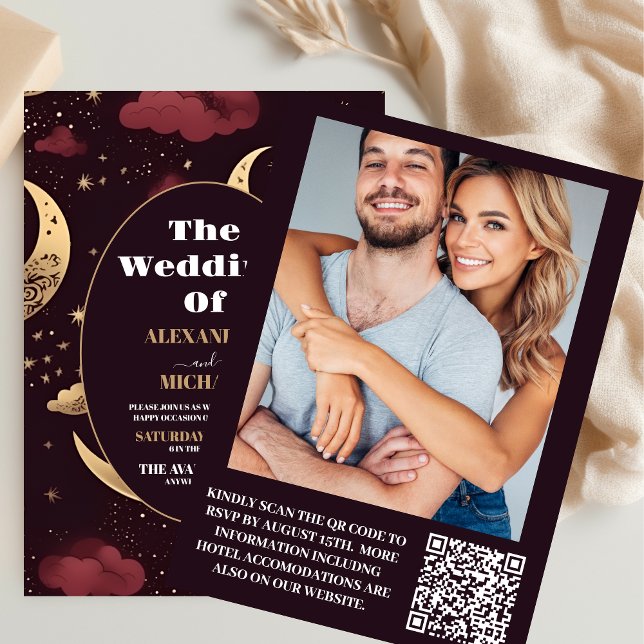 Photo Elegant Burgundy Gold Celestial Wedding Invitation (Creator Uploaded)