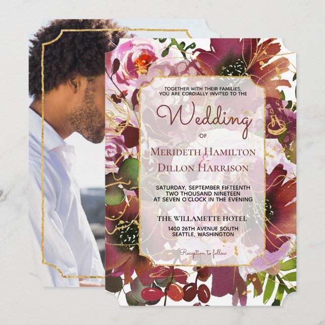 Photo Elegant Burgundy Gold Pink Boho Wedding Invitation (Front/Back)