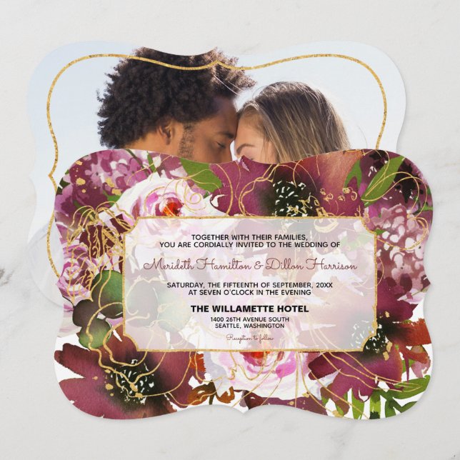 Photo Elegant Burgundy Gold Pink Floral Wedding Invitation (Front/Back)
