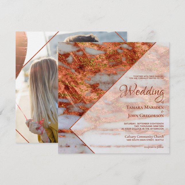 Photo Elegant Copper Marble Geometric Wedding Invitation (Front/Back)