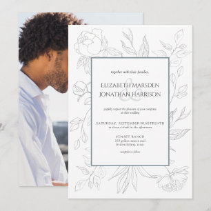 Photo Elegant Dusty Blue Line Drawing Floral Invitation