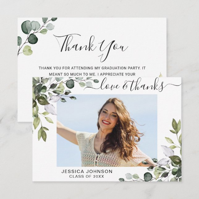 PHOTO Elegant Eucalyptus Greenery Graduation Thank You Card (Front/Back)