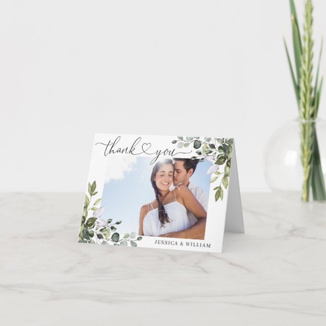 PHOTO Elegant Eucalyptus Greenery Wedding Thank You Card (Front)