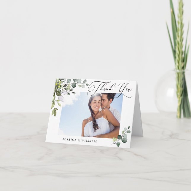 PHOTO Elegant Eucalyptus Greenery Wedding Thank You Card (Front)