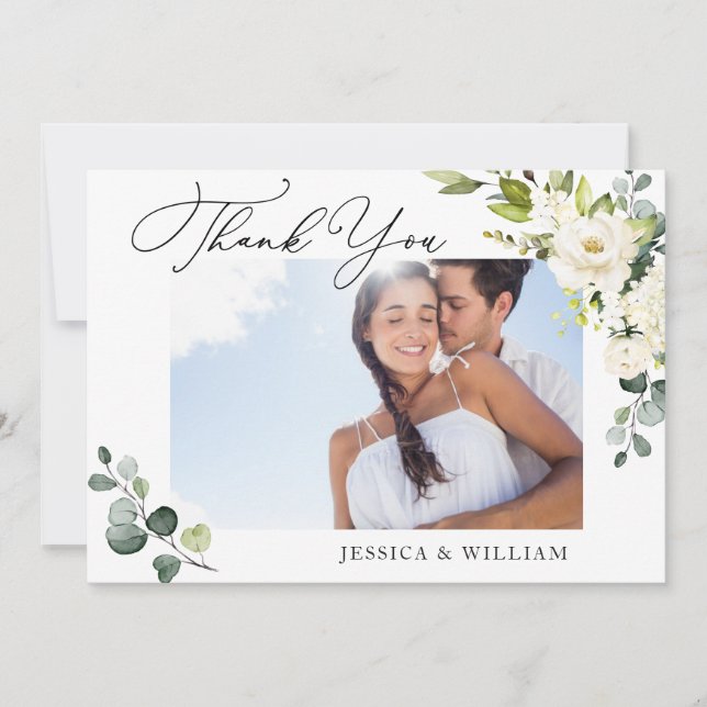 PHOTO Elegant Eucalyptus White Roses Floral Thank You Card (Front)
