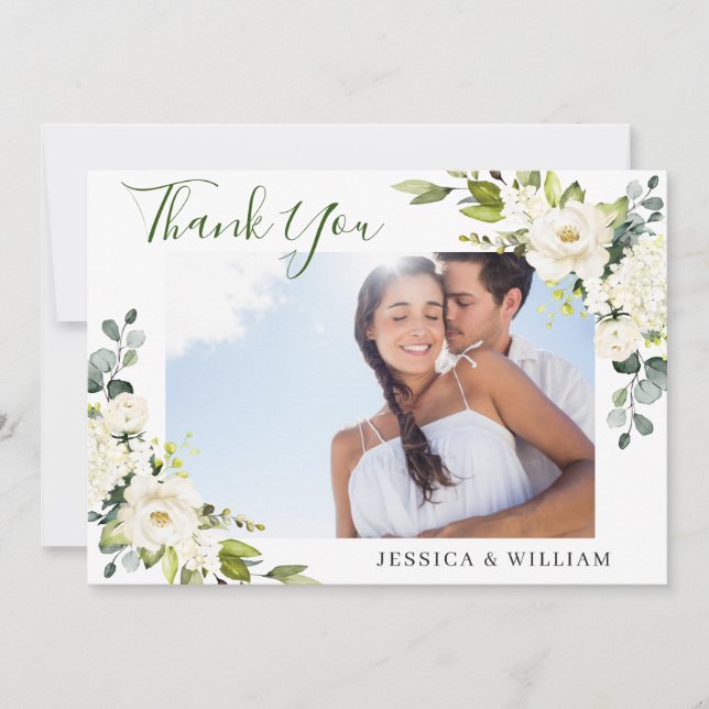 PHOTO Elegant Eucalyptus White Roses Floral Thank You Card (Front)