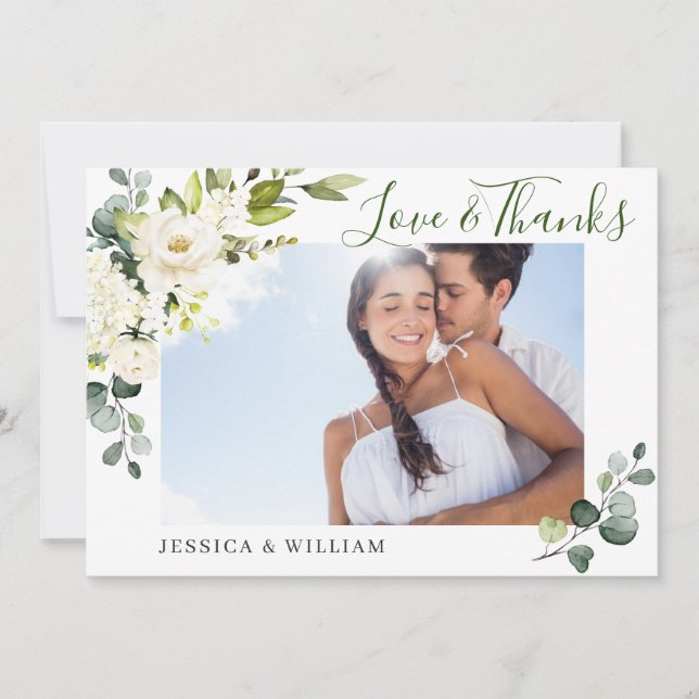 PHOTO Elegant Eucalyptus White Roses Floral Thank You Card (Front)