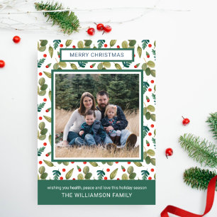 Photo, Elegant Festive Greenery and Holly Pattern Holiday Card