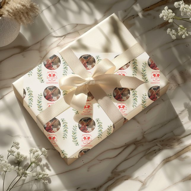 Photo Elegant Floral Baby's First Christmas Wrapping Paper (Creator Uploaded)