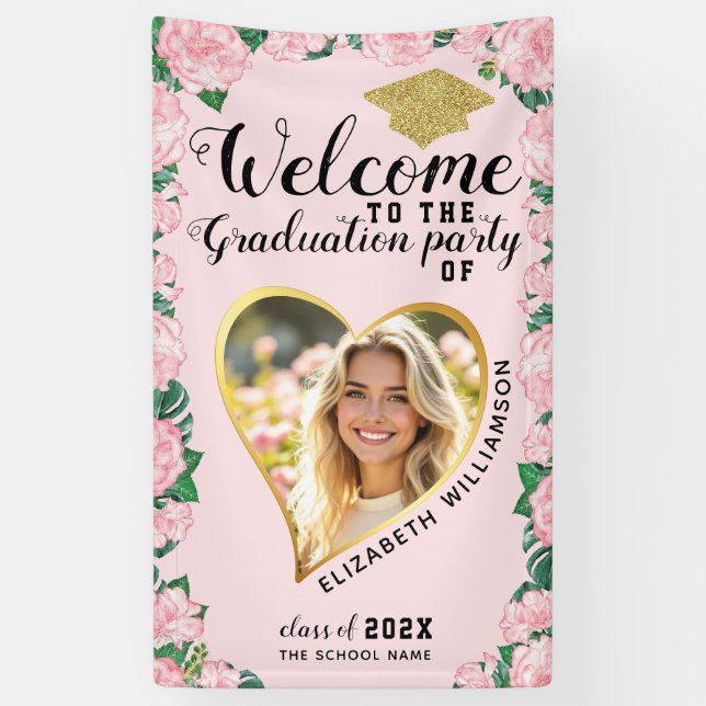 Photo Elegant Floral Pink Graduation Welcome Banner (Vertical)