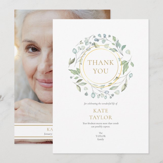 Photo Elegant Garland Funeral Memorial Thank You Card (Front/Back)