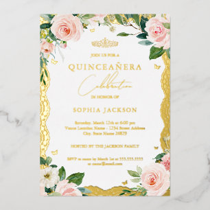 Photo Elegant Gold Lace Pink Floral Quinceanera