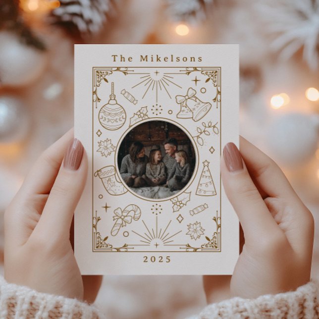 Photo Elegant Gold Line Art Christmas Holiday Card (Creator Uploaded)