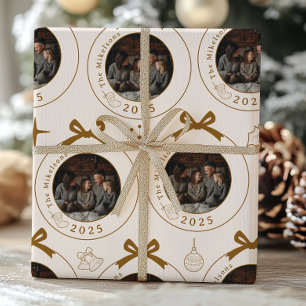 Photo Elegant Gold Line Art Christmas Wrapping Paper