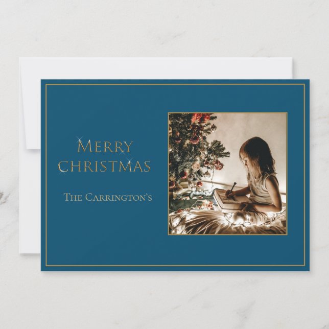 Photo Elegant Gold Merry Christmas Blue  Holiday Card (Front)