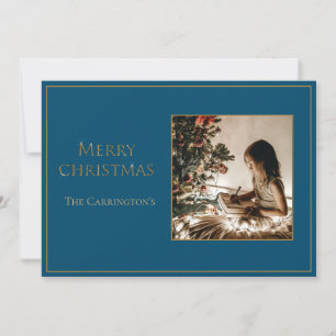 Photo Elegant Gold Merry Christmas Blue  Holiday Card