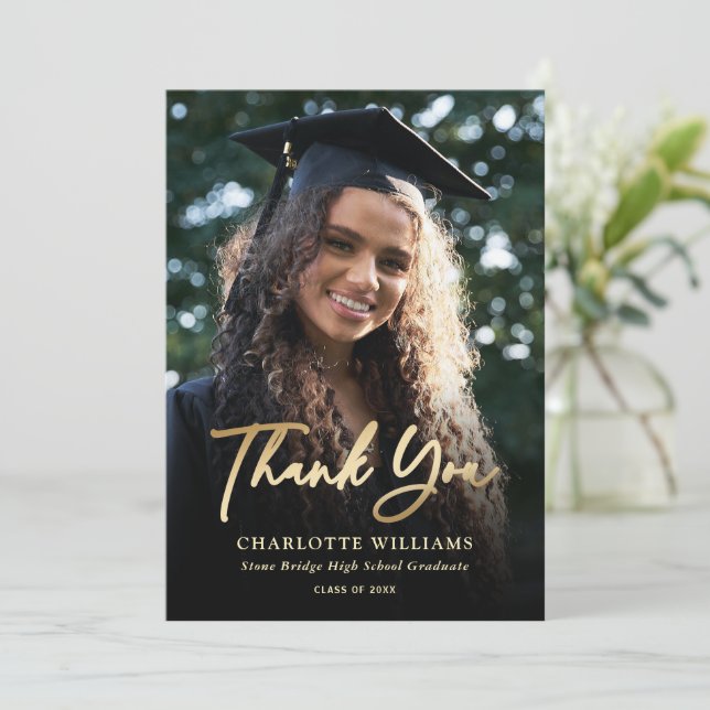 Photo Elegant Modern Script Black Gold Graduation Thank You Card (Standing Front)
