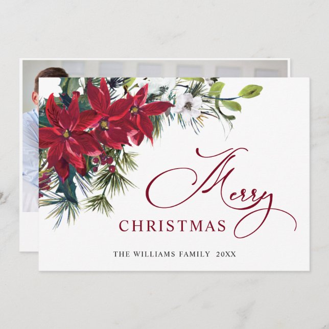PHOTO Elegant Poinsettia Christmas Greeting Holiday Card (Front/Back)
