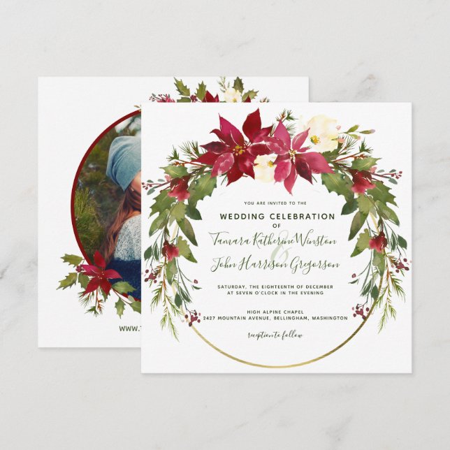 Photo Elegant Poinsettia Floral Christmas Wedding Invitation (Front/Back)