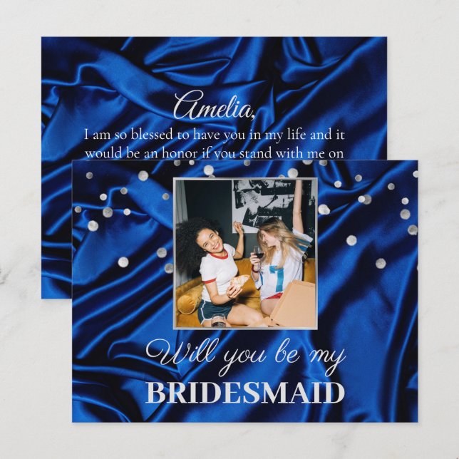 Photo Elegant Royal Blue Will You Be My Bridesmaid Postcard (Front/Back)