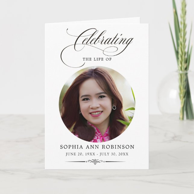 Photo Elegant Script Memorial Remembrance Program  Card (Front)