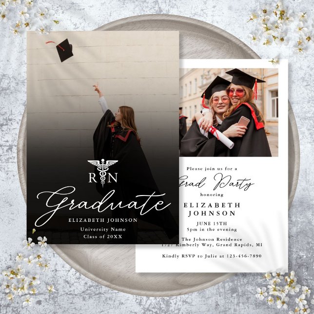 Photo Elegant Script RN Nursing Graduation Party Invitation (Photo Elegant Script RN Nursing Graduation Party Invitation)