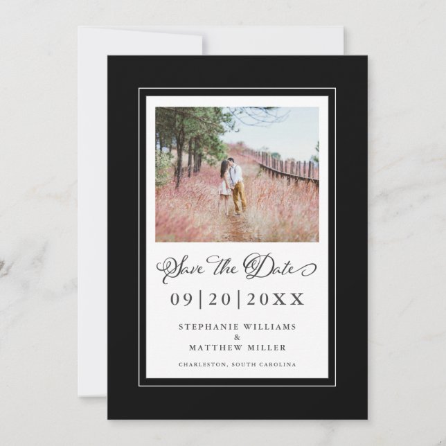 Photo Elegant Script Wedding Black Border Save The Date (Front)