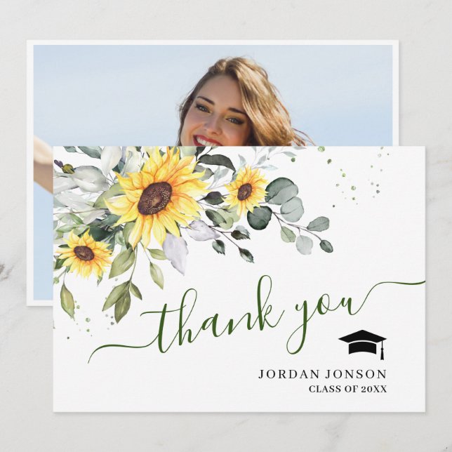 PHOTO Elegant Sunflowers Eucalyptus Graduation Thank You Card (Front/Back)