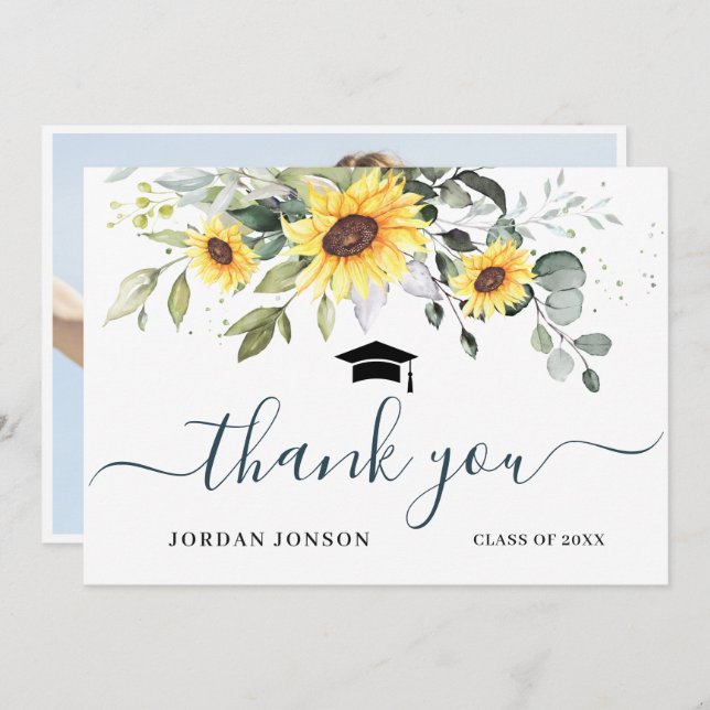 PHOTO Elegant Sunflowers Eucalyptus Graduation Thank You Card (Front/Back)
