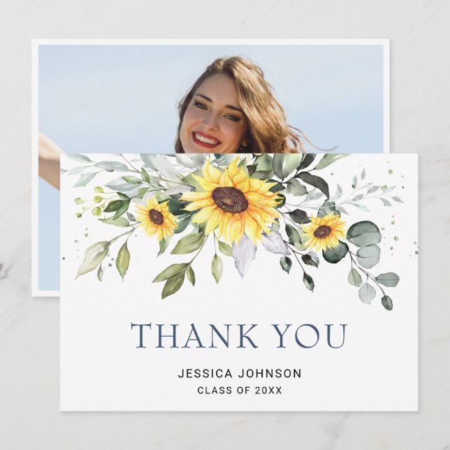 PHOTO Elegant Sunflowers Eucalyptus Graduation Thank You Card (Front/Back)