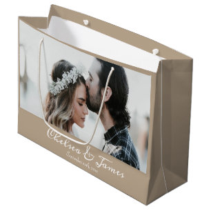 Photo Elegant Taupe and White Calligraphy Name  Large Gift Bag